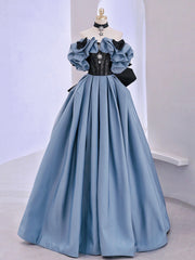 Blue Satin Lace Long Prom Dress, Off Shoulder Evening Dress