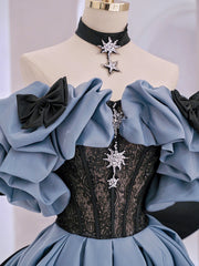 Blue Satin Lace Long Prom Dress, Off Shoulder Evening Dress