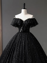 Black Tulle Long A-Line Prom Dress, Shiny Off Shoulder Evening Dress