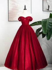 Burgundy Tulle Long Formal Dress, Off Shoulder Evening Dress Party Dress