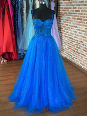 Blue Spaghetti Strap Tulle Formal Dress, Blue Evening Dress with Lace
