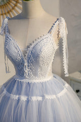 Blue Lace Short A-Line Prom Dress, Cute Spaghetti Strap Party Dress