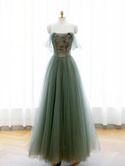 A-Line Green Tulle Long Prom Dress, Off the Shoulder Evening Party Dress