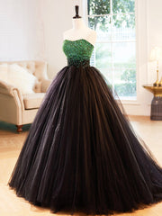 Black Strapless Tulle Long Prom Dress with Green Beaded, A-Line Formal Dress