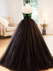 Black Strapless Tulle Long Prom Dress with Green Beaded, A-Line Formal Dress