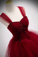 Burgundy Tulle Long A-Line Prom Dress, Burgundy Evening Party Dress