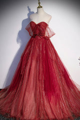 Burgundy Sweetheart Neckline Tulle Long Prom Dress, A-Line Evening Dress