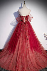 Burgundy Sweetheart Neckline Tulle Long Prom Dress, A-Line Evening Dress