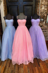 Lovely Tulle Spaghetti Strap Long Prom Dresses, A-Line Evening Dresses
