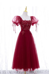 Burgundy Short Sleeve Tulle Tea Length Prom Dress, A-Line Party Dress