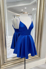 Blue V-Neck Satin Short Prom Dresses, A-Line Party Dresses