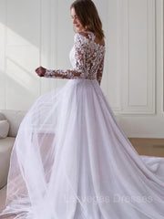 A-Line/Princess Off-the-Shoulder Sweep Train Tulle Wedding Dresses