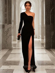 A-Line/Princess One-Shoulder Sweep Train Jersey Prom Dresses With Leg Slit