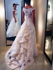 A-Line/Princess Scoop Sweep Train Lace Wedding Dresses With Belt/Sash