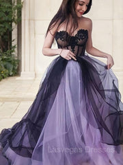 A-Line/Princess Strapless Court Train Tulle Prom Dresses With Appliques Lace