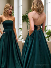 A-Line/Princess Strapless Sweep Train Satin Evening Dresses With Pockets