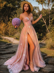 A-Line/Princess Sweetheart Sweep Train Tulle Prom Dresses With Leg Slit