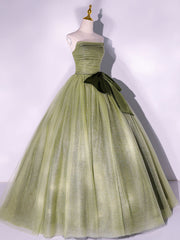 A Line Tulle Green Long Prom Dress, Green Tulle Evening Party Dresses