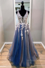 A Line V Neck Blue Lace Long Prom Dress, Long Blue Formal Evening Dress