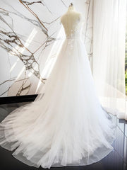 A-line V-neck Short Sleeves Hand-Made Flower Court Train Tulle Wedding Dress