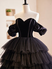 Black Off Shoulder Tulle Long Prom Dress, Black Formal Evening Dress