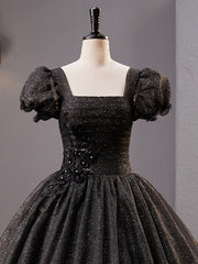 Black Square Neckline Tulle Long Prom Dresses, Shiny Tulle Black Evening Dress