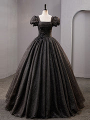 Black Square Neckline Tulle Long Prom Dresses, Shiny Tulle Black Evening Dress