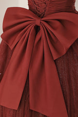 Burgundy Tulle Long A-Line Prom Dress, Cute Short Sleeve Evening Dress