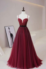 Burgundy Tulle Long Prom Dress with Beaded, Spaghetti Straps Evening Dress