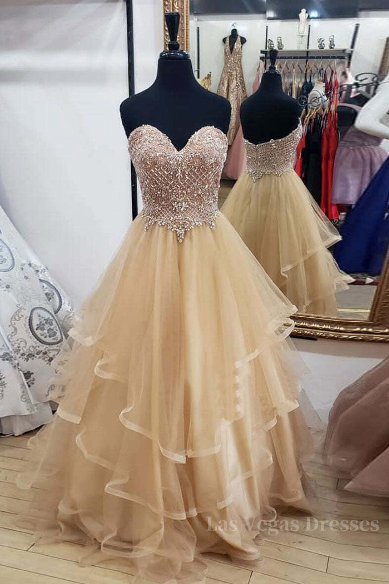 Champagne tulle sweetheart long prom dress, champagne evening dress