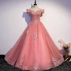 Charming Pink Off Shoulder Lace Applique Sweetheart Party Dress, Pink Prom Dress