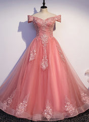 Charming Pink Off Shoulder Lace Applique Sweetheart Party Dress, Pink Prom Dress