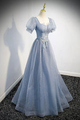 Cute Shiny Tulle Long Prom Dress, A-Line Short Sleeve Evening Party Dress
