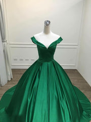 Dark Green Satin Ball Gown Long Evening Dress Prom Dress, Green Formal Dresses