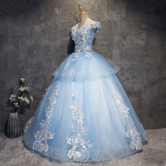 Glam Blue Ball Gown Tulle with Lace and Flowers Sweet 16 Dress, Blue Formal Dress