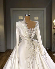 Glamorous Long Sleeves Pearls Wedding Dresses Mermaid With Detachable Train