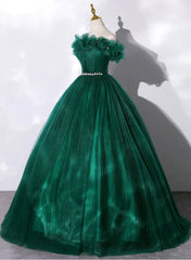 Green Tulle Beaded Waist Ball Gown Sweet 16 Dress, Off Shoulder Green Prom Dress