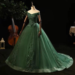 Green Tulle with Lace Applique Long Prom Dress, Green Sweet 16 Dresses