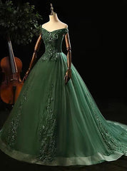 Green Tulle with Lace Applique Long Prom Dress, Green Sweet 16 Dresses