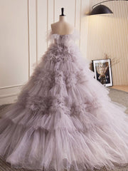 Grey Purple Tulle Long Prom Dresses, Grey Purple Evening Dress