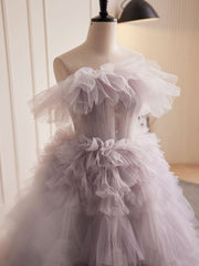 Grey Purple Tulle Long Prom Dresses, Grey Purple Evening Dress