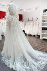 Ivory A-line Tulle Long Sleeves Lace Appliques Open Back Wedding Dresses