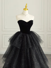 Black Strapless Tulle Formal Dress with Velvet, A-Line Sweetheart Neck Long Prom Dress