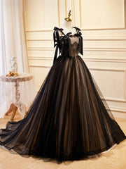 Black Tulle Lace Long Prom Dress, Black Evening Party Dress