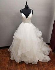 Long A-line V-neck Tulle Backless Wedding Dress