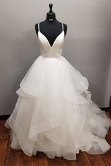 Long A-line V-neck Tulle Backless Wedding Dress