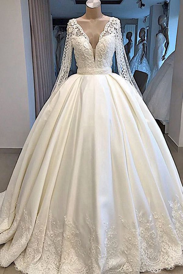 Long Ball Gown Satin V-neck Wedding Dress with Sleeves