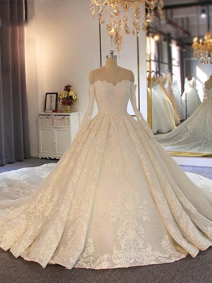 Long Ball Gown Sweetheart Lace Beading Wedding Dresses with Sleeves