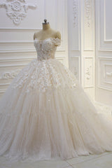 Long Off the Shoulder Sweetheart Ball Gown Sequin Appliques Lace Wedding Dress