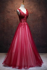 Lovely Wine Red V-neckline Tulle Party Gown, A-line Prom Dress